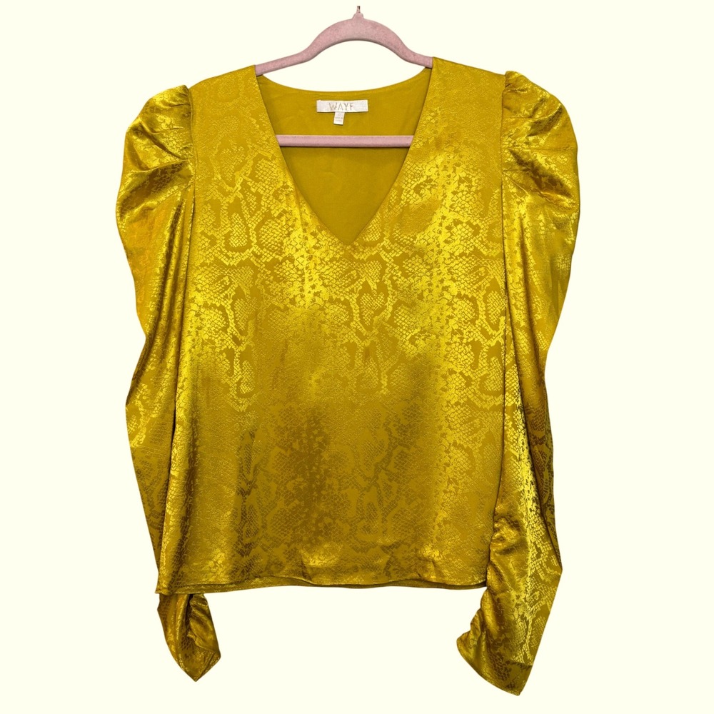 WAYF Women's Mustard Yellow Snakeskin Puff Sleeve V Neck‎ Blouse Top Size S